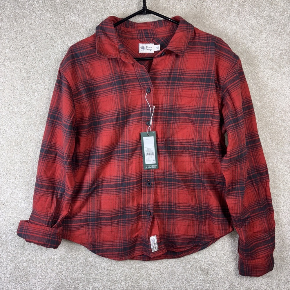 Alpine‎ Design Shirt Womens XS Red Bison Plaid Hike Camp Midweight Flannel NEW